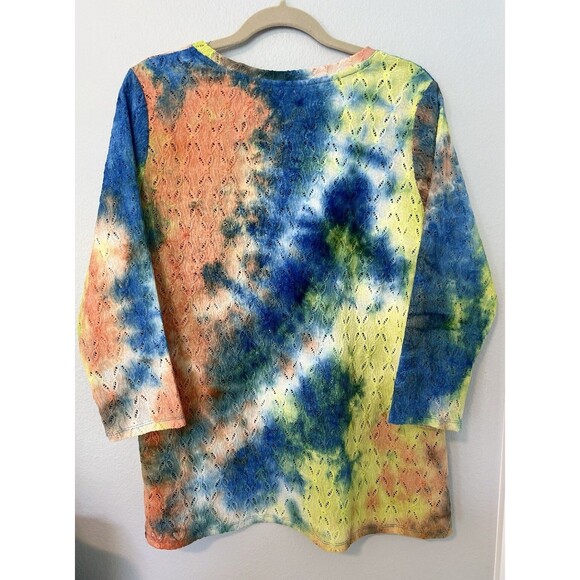 LOGO QVC Knit Eyelet Tie-Dye Top Wild Lime Size M 3/4 Sleeve Stretchy Tee - New - Picture 5 of 11